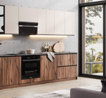 Kitchen TINA set 320cm with vitrine (Clay grey (top)/Livorno Oak (down))