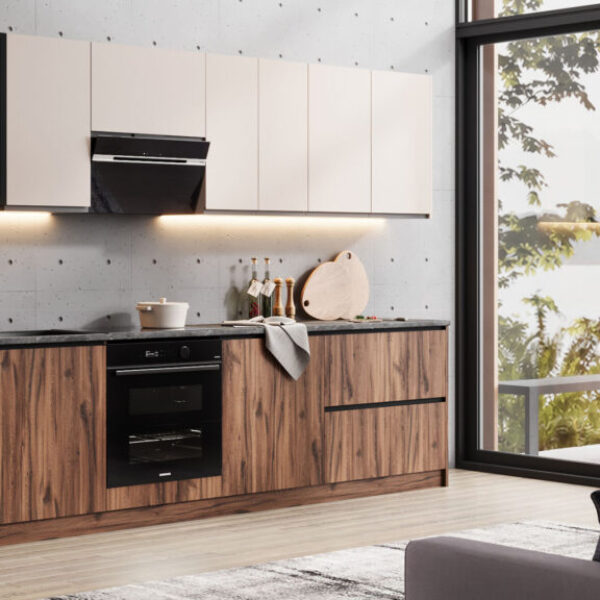 Kitchen TINA set 320cm with vitrine (Clay grey (top)/Livorno Oak (down))